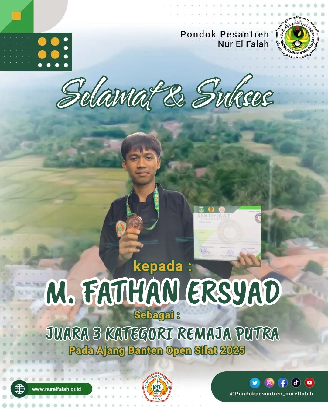 Alhamdulillah, selamat kepada M. Fathan Ersyad santri Pondok Pesantren Nur El Falah yang berhasil meraih Juara Silat