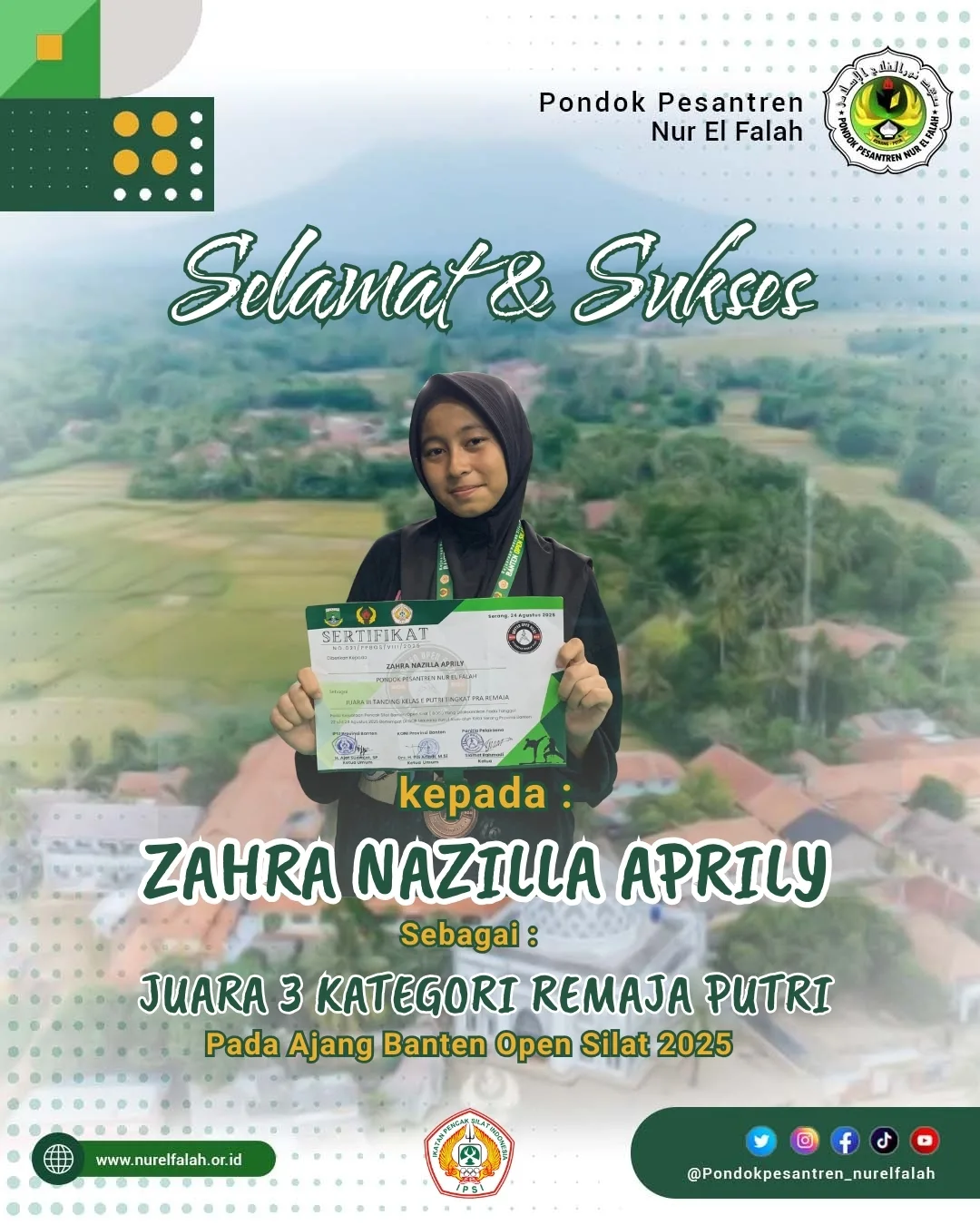 Zahra Nazilla Aprily santri Pondok Pesantren Nur El Falah yang berhasil meraih Juara 3 Kategori Remaja Putri pada ajang Banten Open Silat 2025